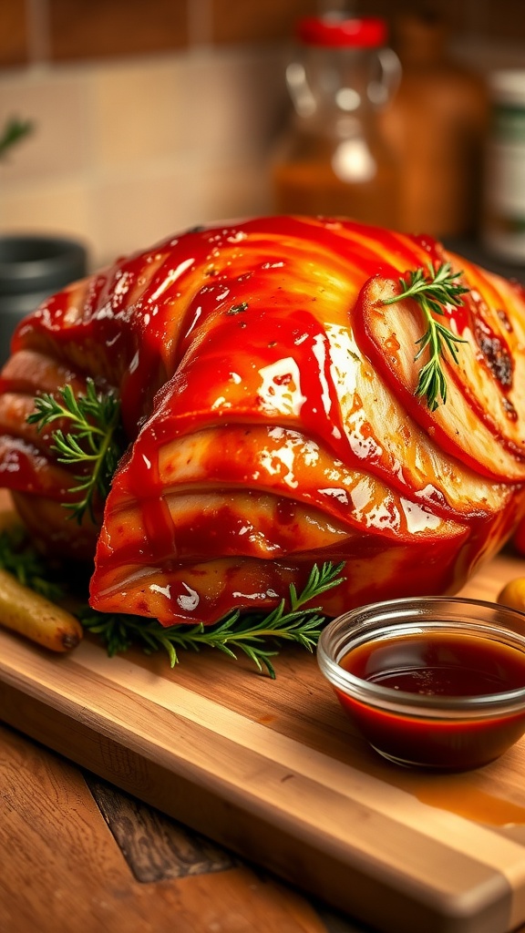 Honey glazed half ham with caramelized edges on a wooden board, garnished with herbs and served with roasted vegetables.